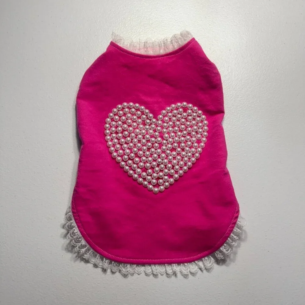 Luxury Pink Pearl Heart Dog Dress Dog Outfit with Lace Trim Cute Pet Clothe M